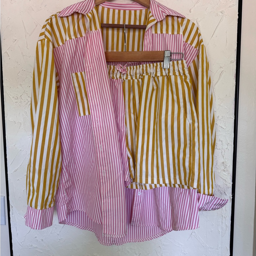Striped Pink and Yellow Button Up Shirt and Short Set Size M